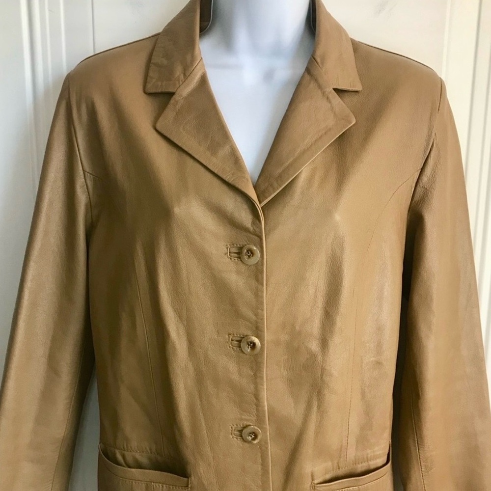 Vtg Women’s 44 10-12 Made in Italy Vera Pelle Tan Leather 4-Button Jacket in EUC - Picture 8 of 16